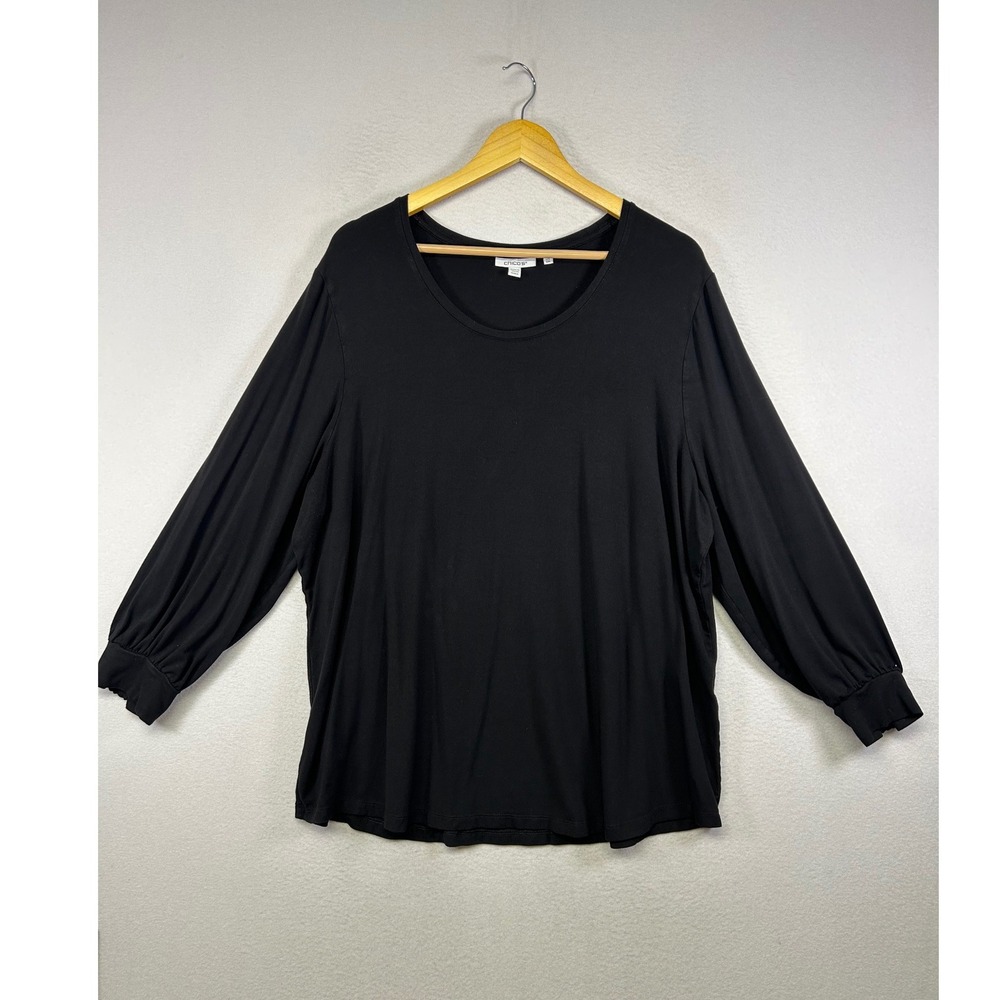 Minimalist Chicos Womens Size XXL Black Scoop Neck Long Sleeve Gathered Cuff Top